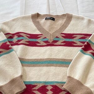 Blue B Beige V-Neck Sweater with Red and Teal Patterns oversized cropped